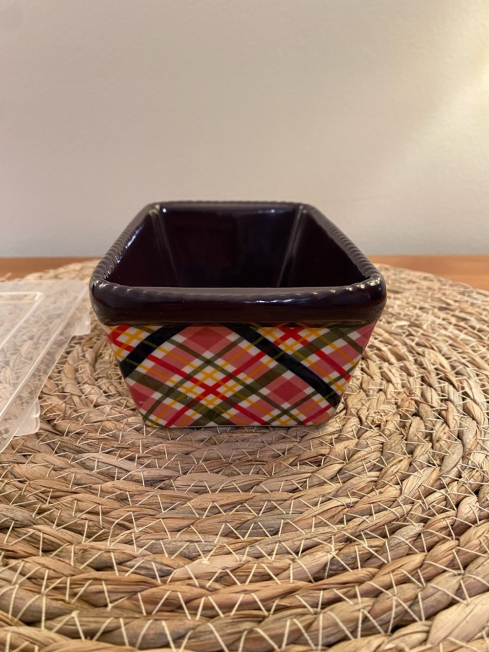 Temptations Plaid Mini 12 oz. Loaf Pan With Lid Plum Pink Green Gold - Picture 7 of 10